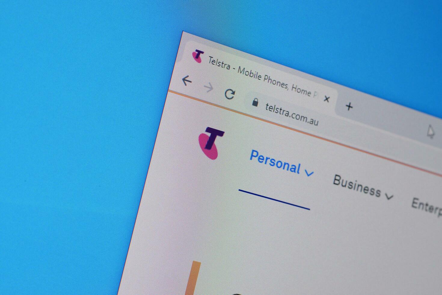 Homepage of telstra website on the display of PC, url - telstra.com.au. photo