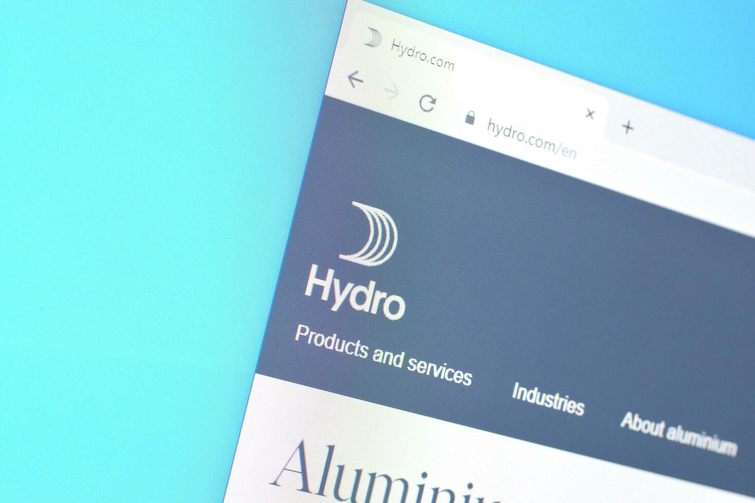 Homepage of norsk hydro website on the display of PC, url - hydro.com. photo