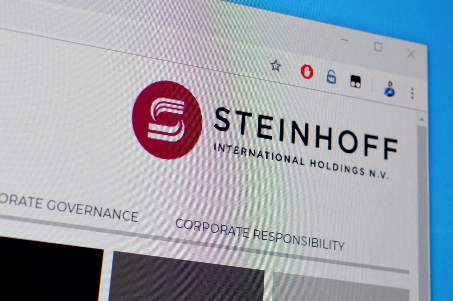 Homepage of steinhoff international website on the display of PC, url - steinhoffinternational.com. photo