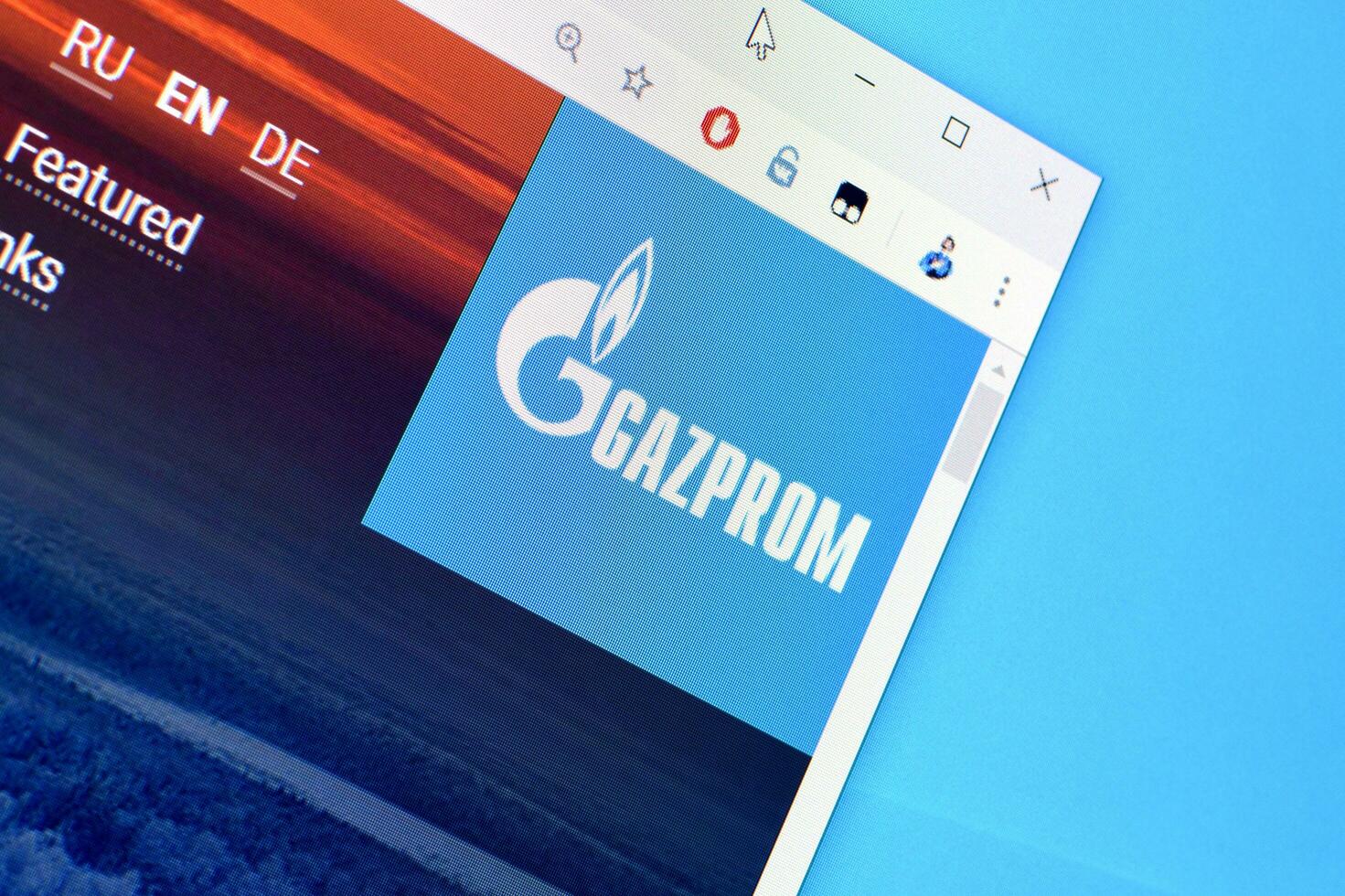 Homepage of gazprom website on the display of PC, url - gazprom.com. photo