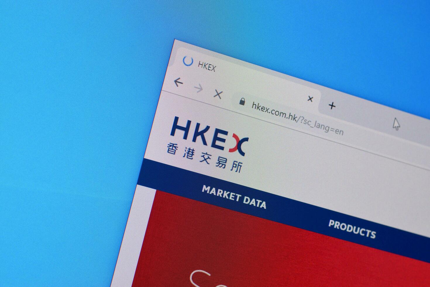 Homepage of hkex website on the display of PC, url - hkex.com.hk. photo