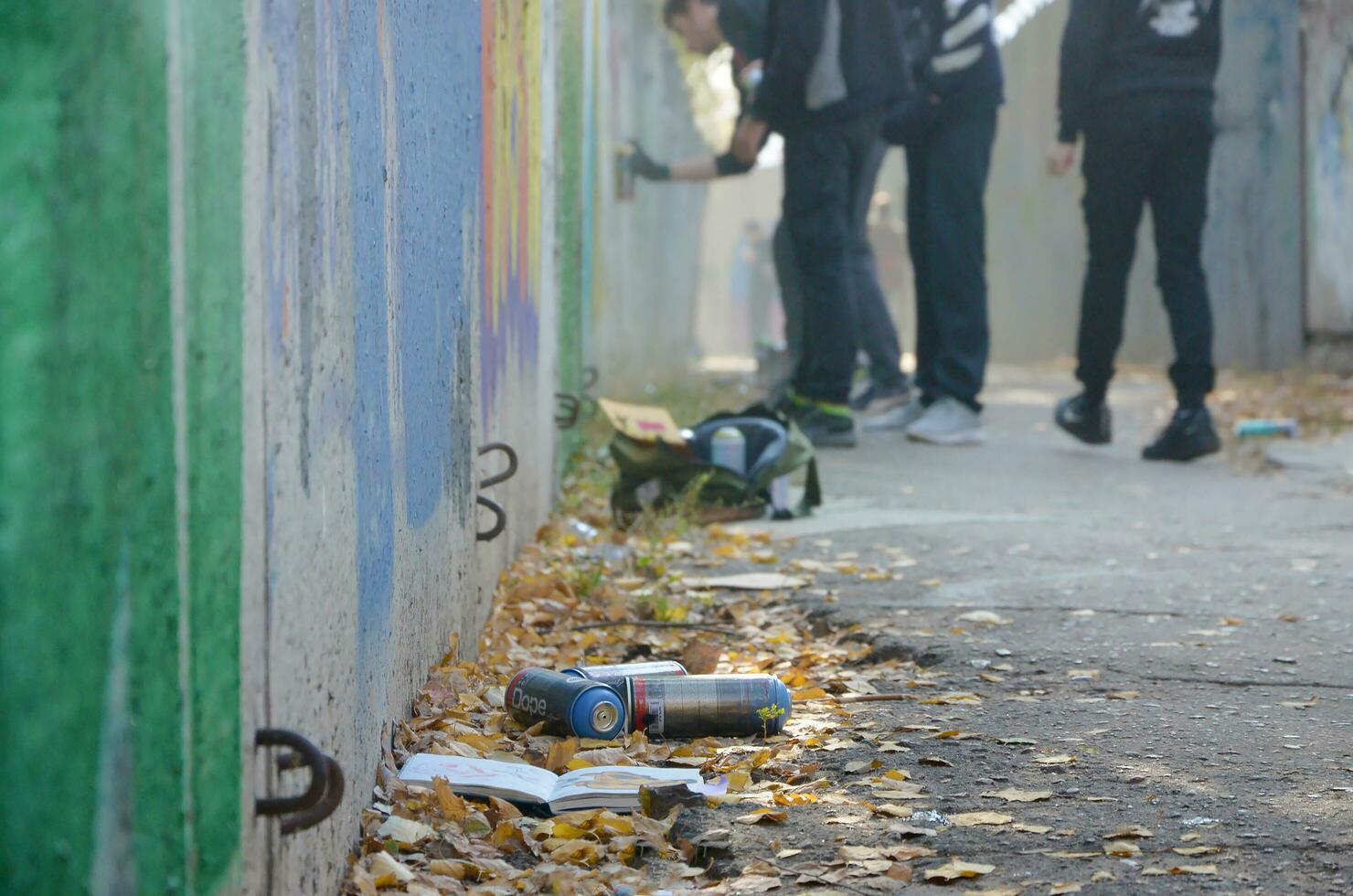 KHARKOV, UKRAINE - OCTOBER 19, 2019 Dope used spray cans for graffiti painting outdoors in autumn leafs and artist in painting process photo