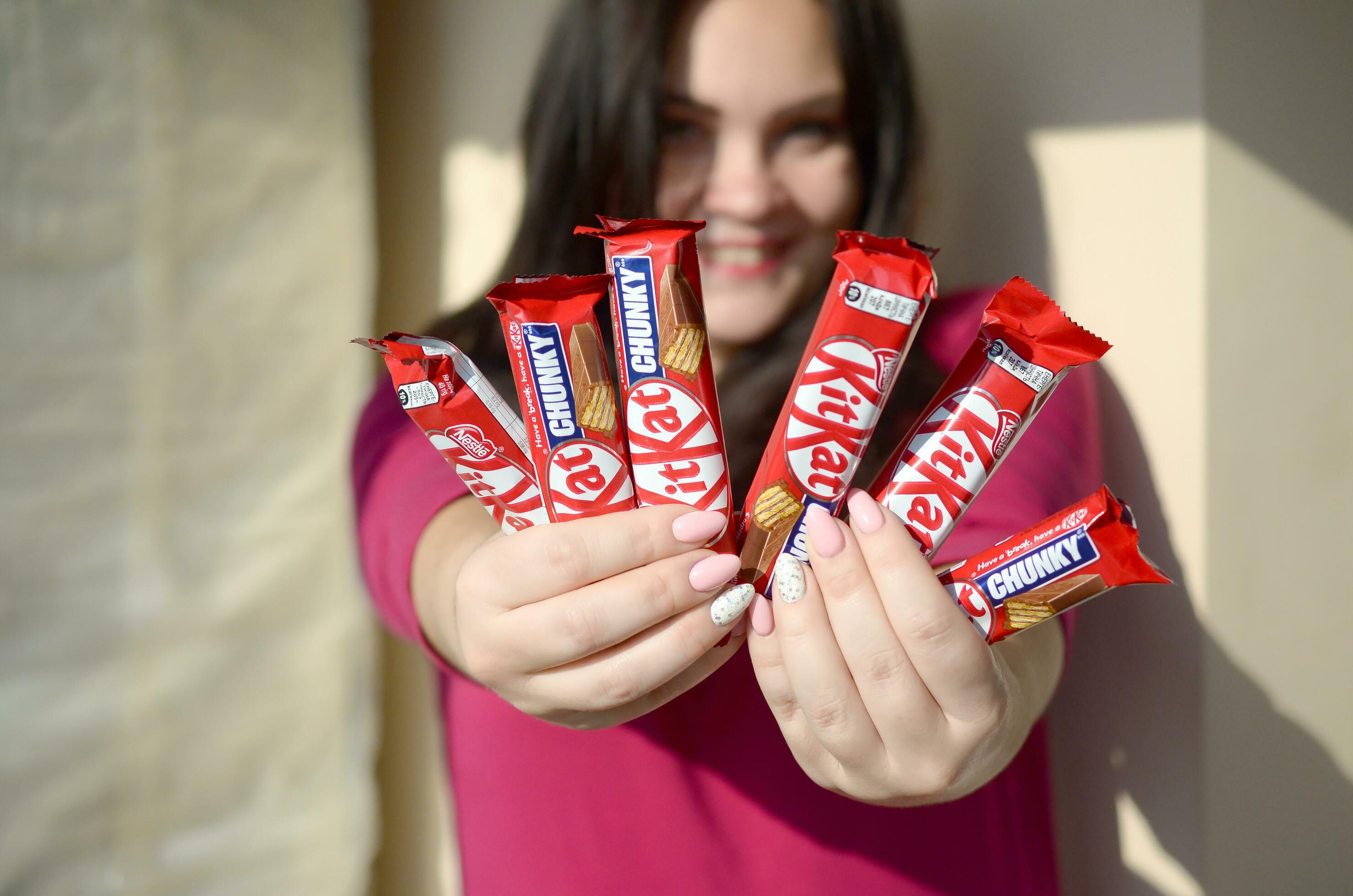 LVIV, UKRAINE - April 08, 2021: Kitkat mini chocolate bar in a wrapper on a  white background Stock Photo