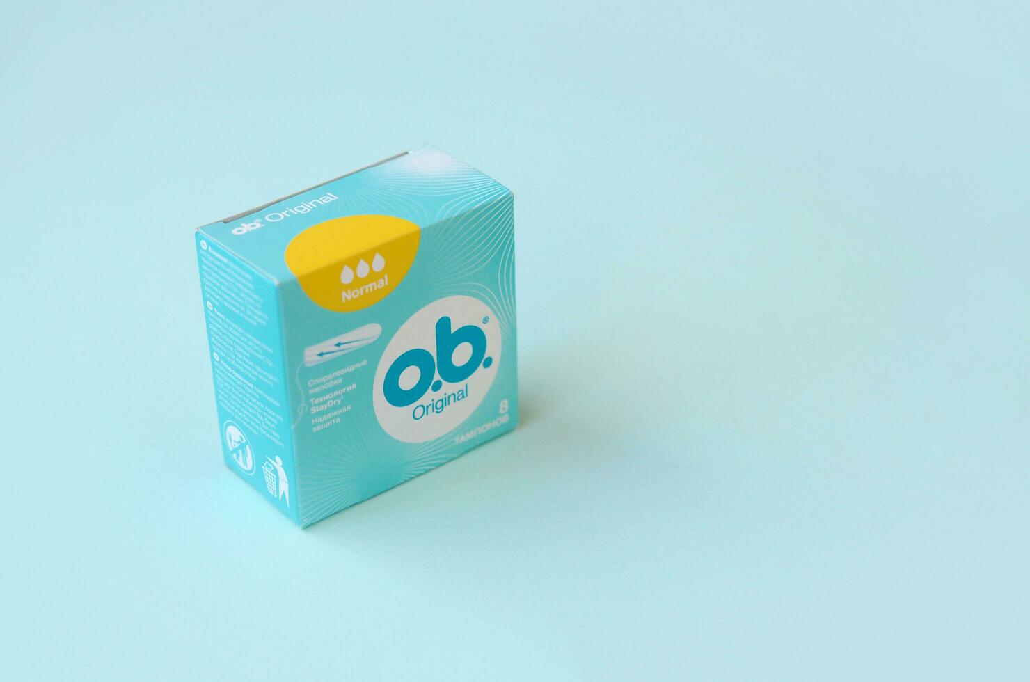 O.B. Original Normal tampons in a small box. OB is global brand of feminine hygiene products or personal care products used by women during menstruation photo