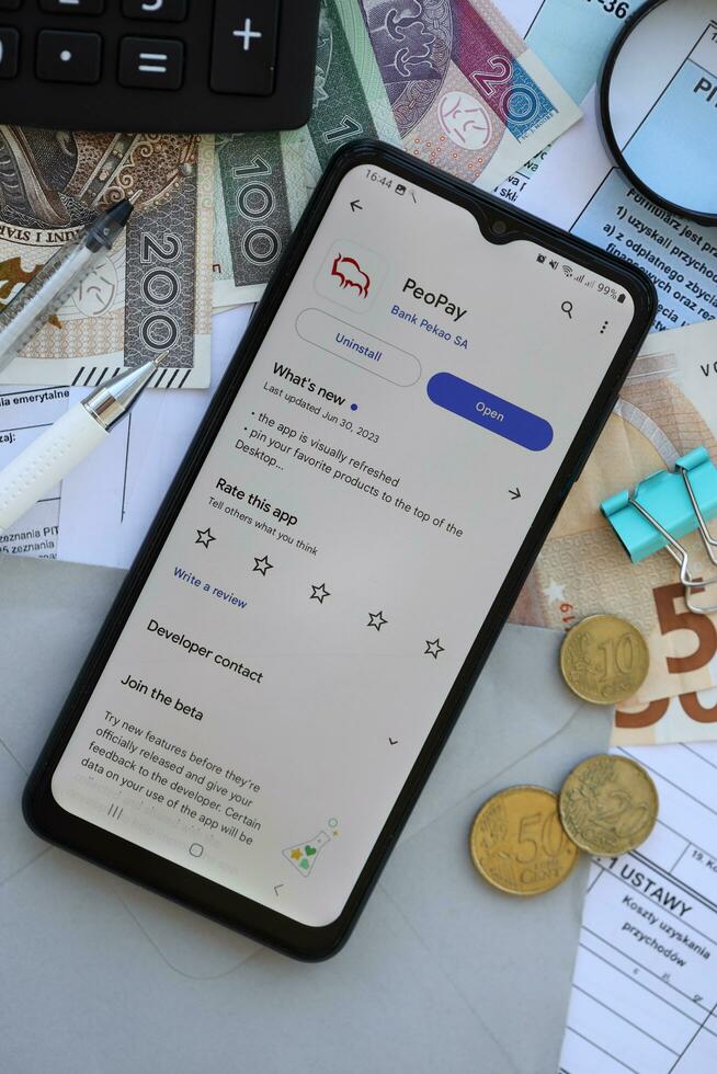 TERNOPIL, UKRAINE - AUGUST 3, 2023 PeoPay application on screen on modern smartphone. Official app of famous polish bank photo