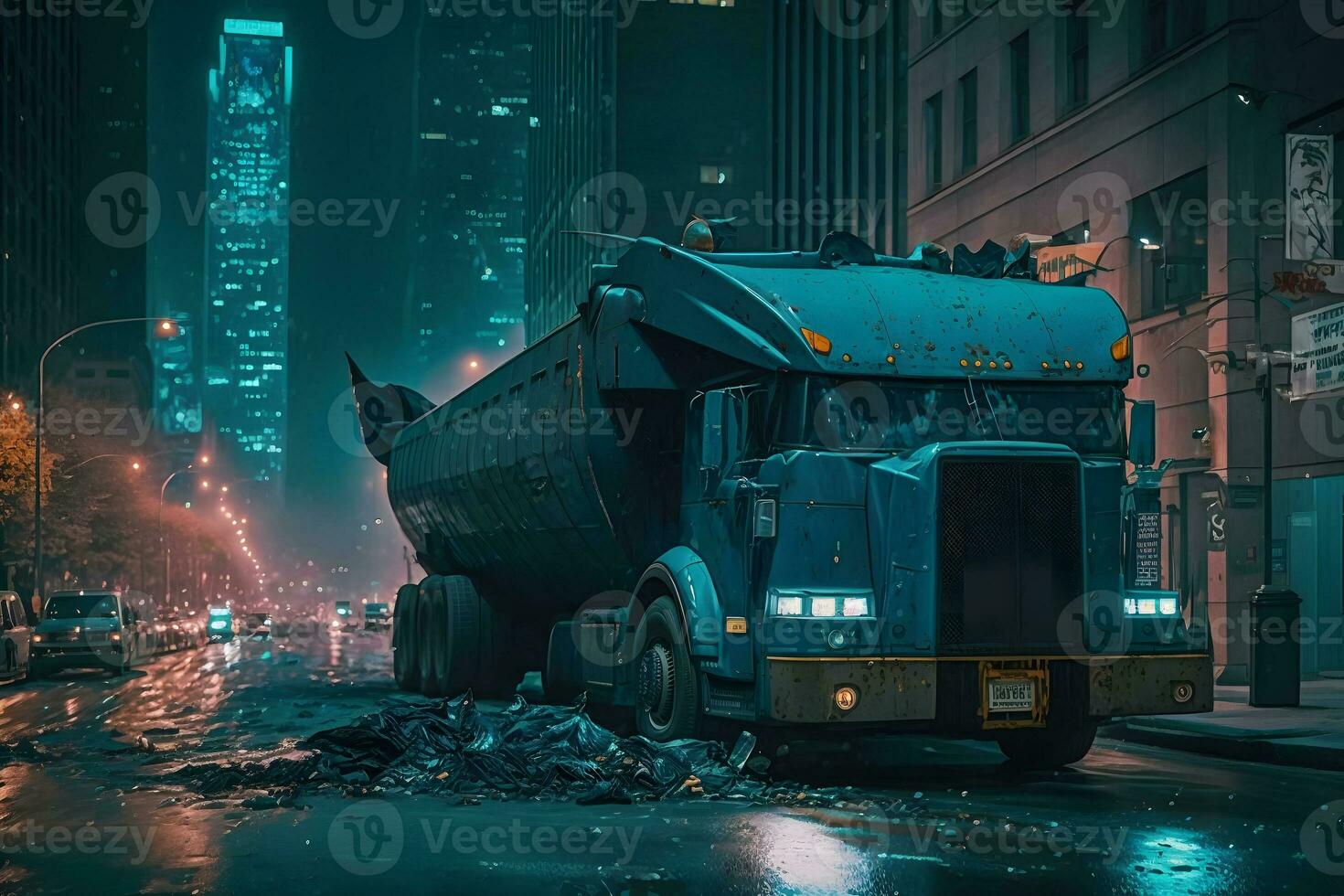 Garbage truck in the night city. Neural network AI generated photo