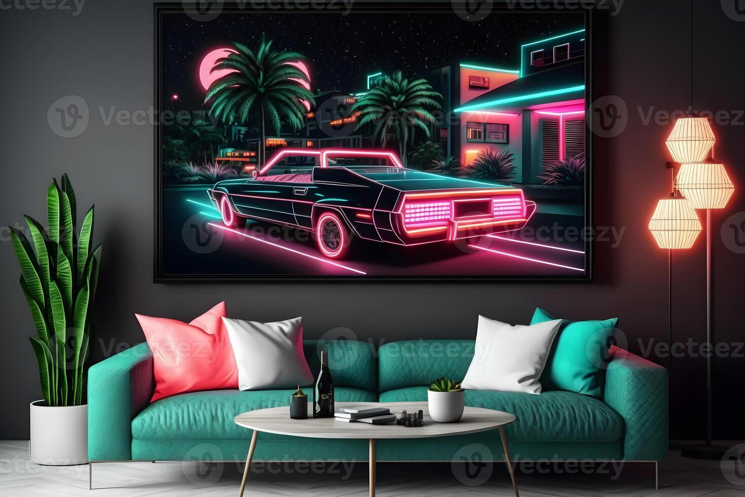 Synthwave neon landscape with palm trees and sunset. Retro style background. Neural network AI generated photo