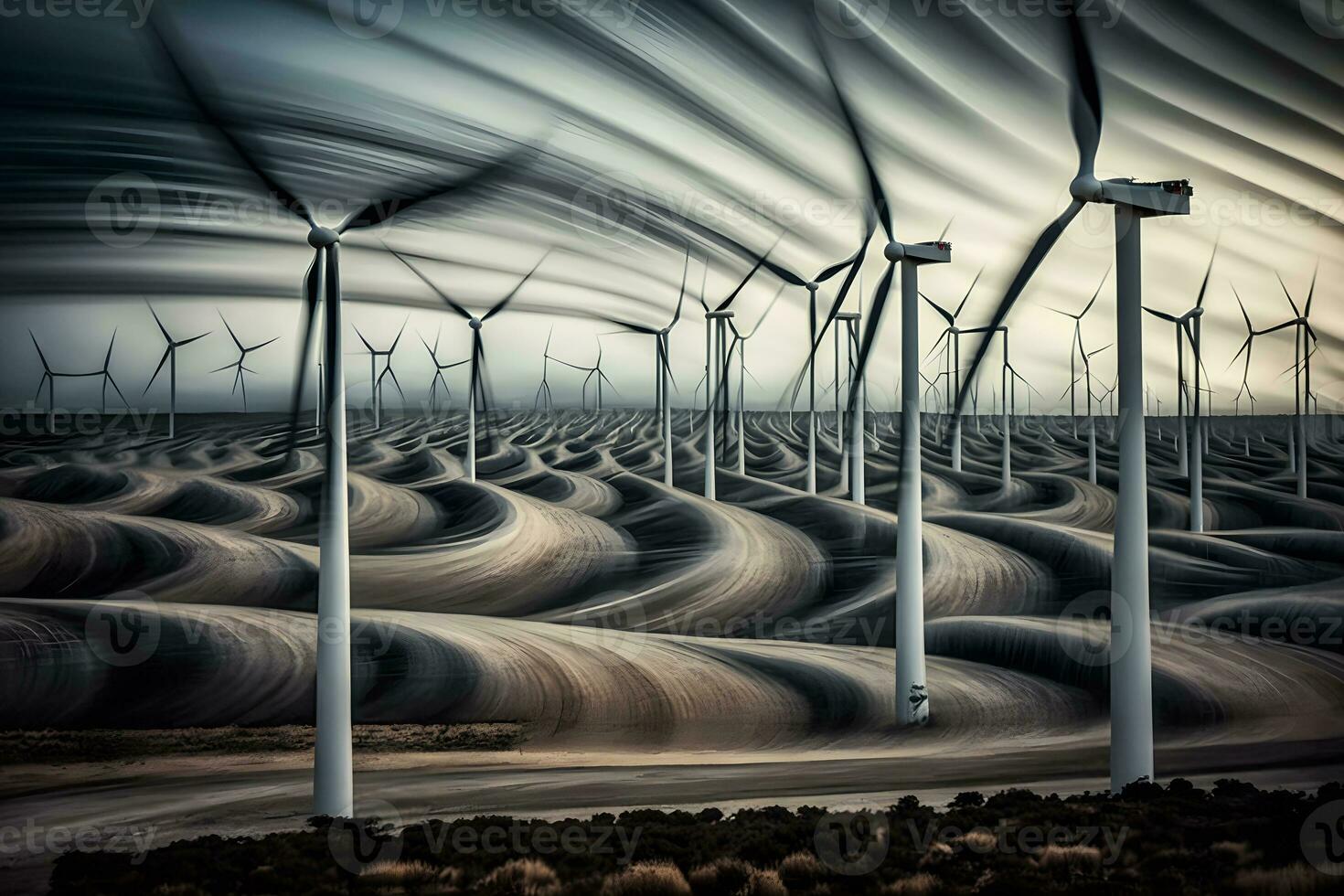 Green ecological power energy generation. Wind farm eco field. Neural network AI generated photo