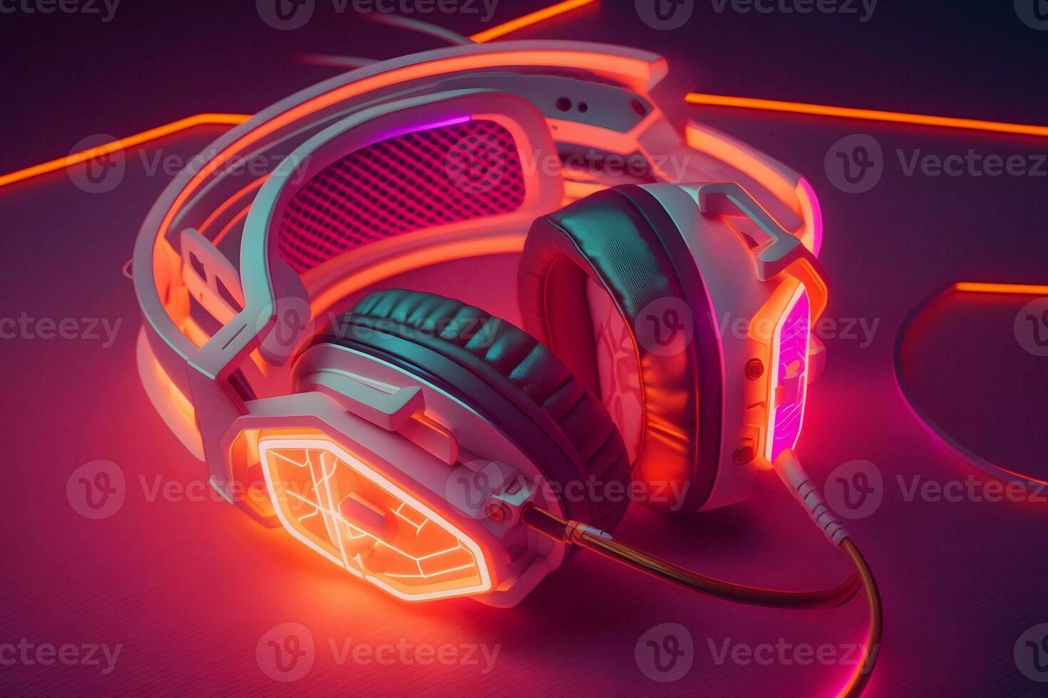 Gaming headphones and neon lighting. Neural network AI generated photo