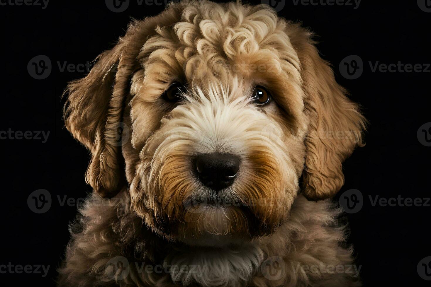 Golden Labradoodle dog on a black background. Neural network AI generated photo