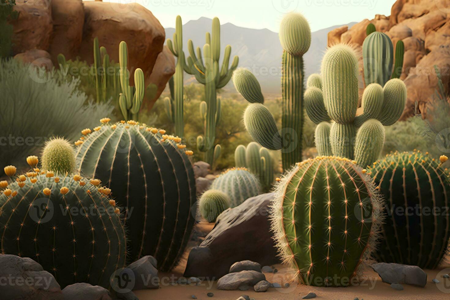 Desert Cacti Cactus blossom and Saguaros. Neural network AI generated photo