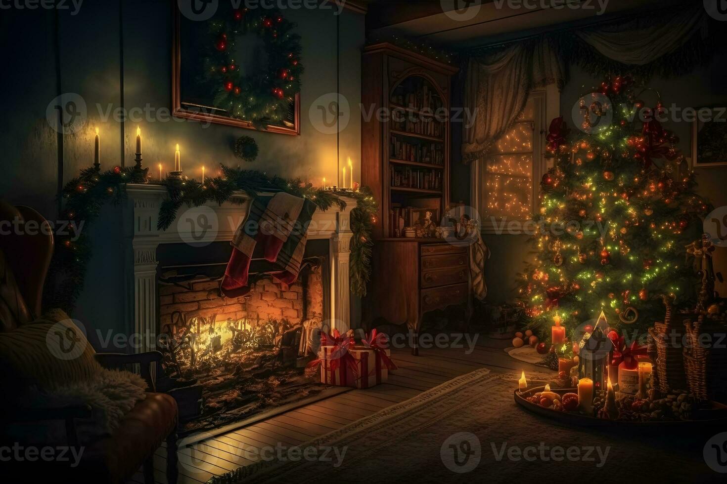 Beautiful cozy Christmas interior with a fireplace. Neural network AI generated photo