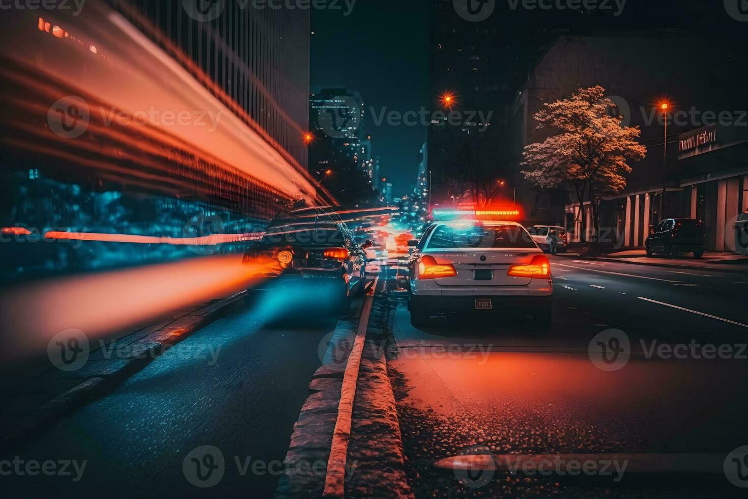 Police car in a rainy night city. Neural network AI generated photo