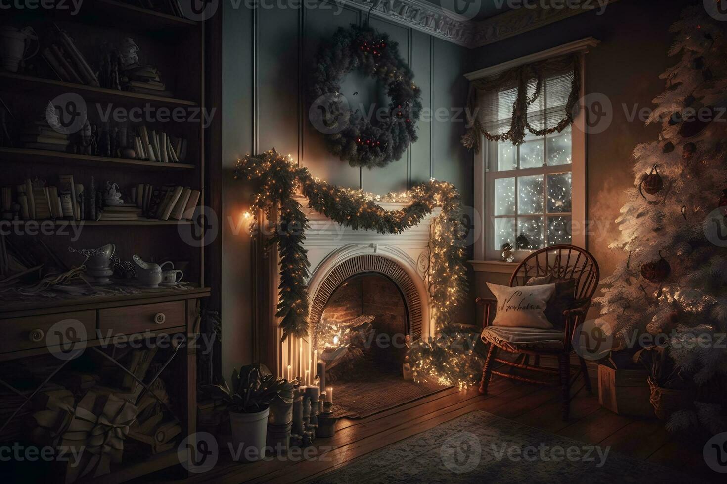 Beautiful cozy Christmas interior with a fireplace. Neural network AI generated photo