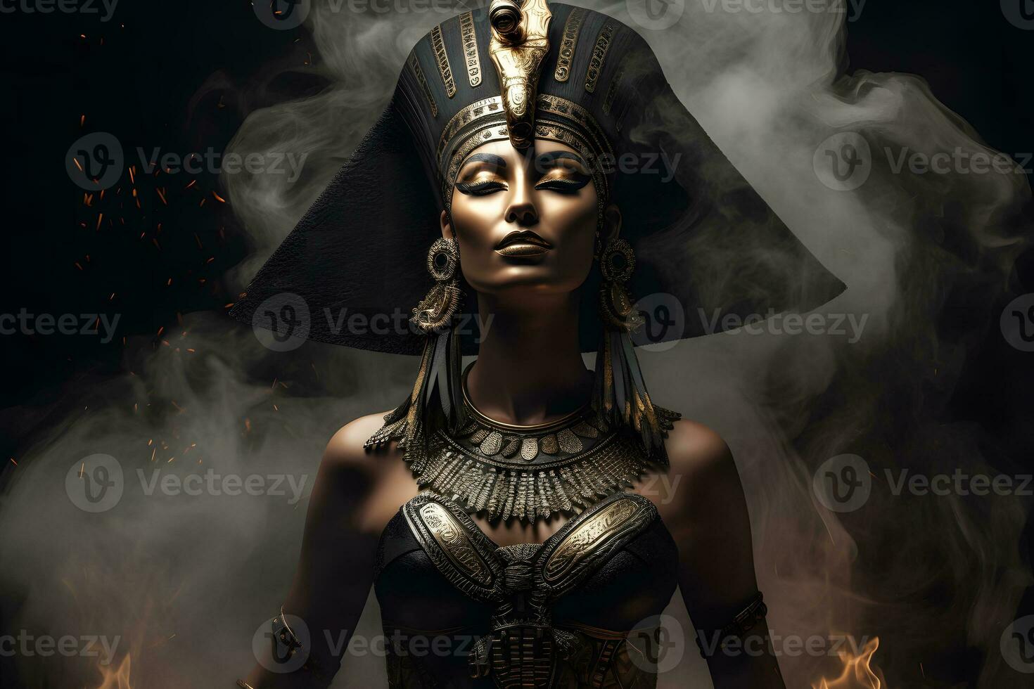 Egyptian goddess on black background. Neural network AI generated photo