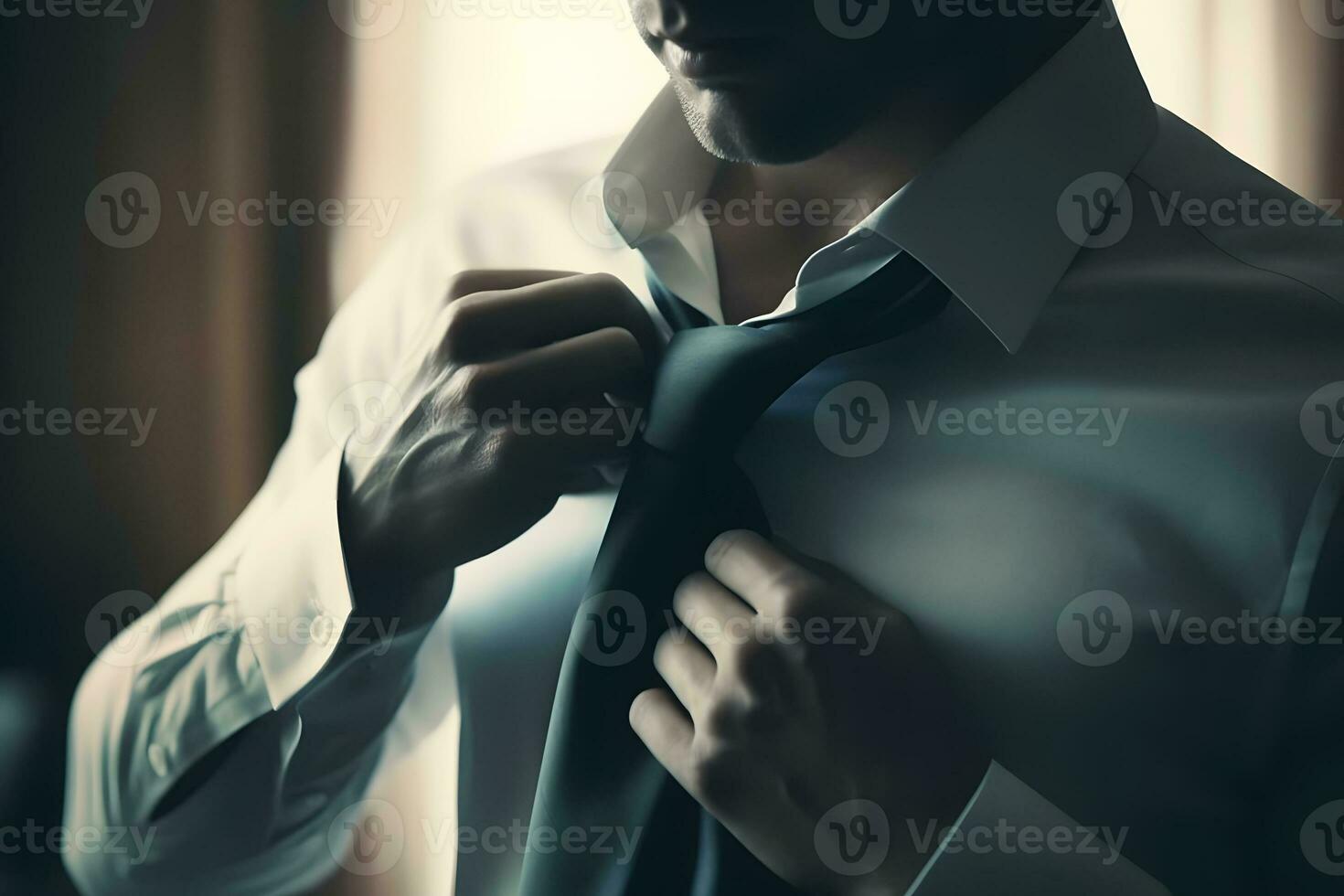 Businessman adjusting his tie. Neural network AI generated photo