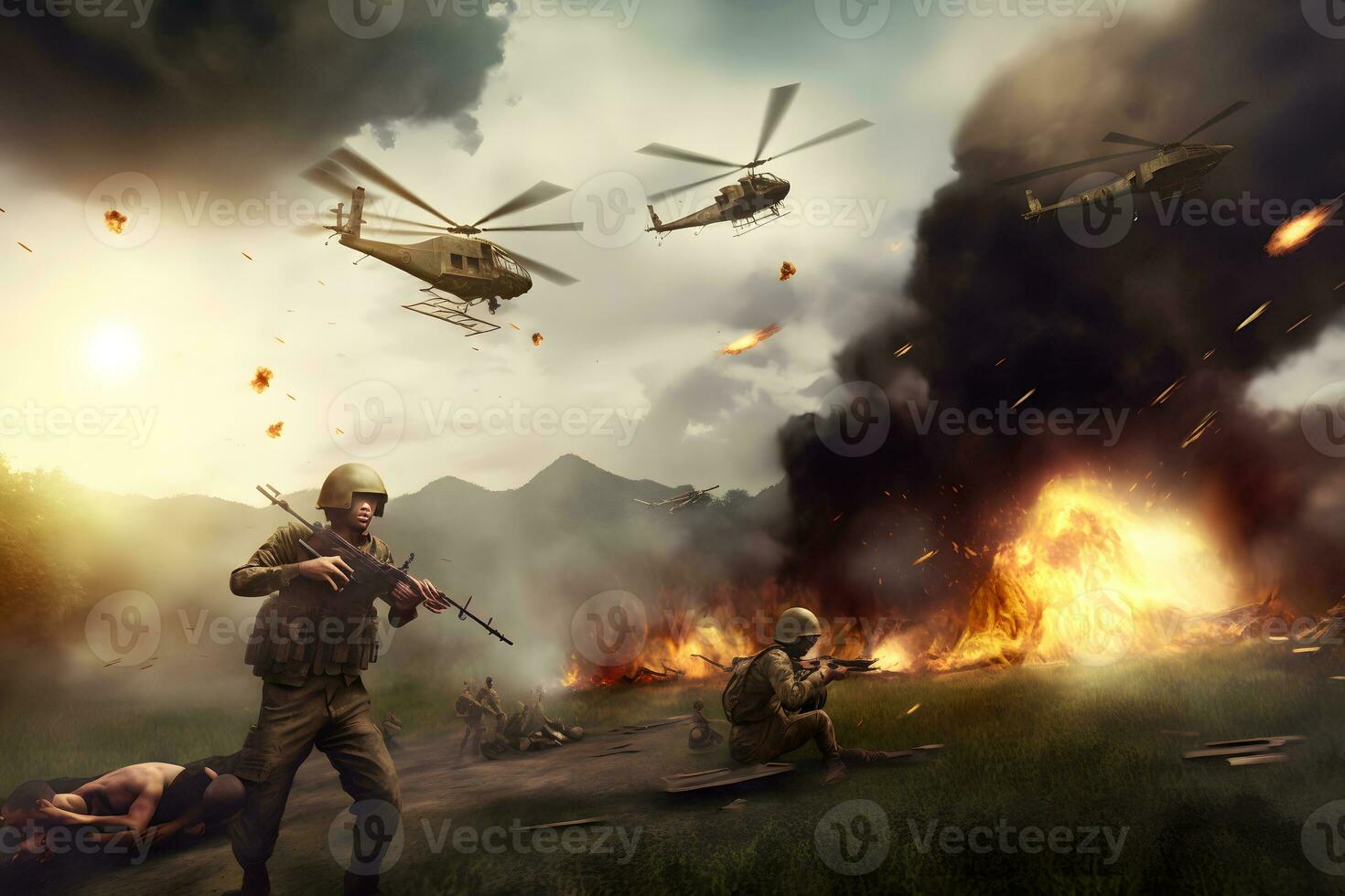 Vietnam war with helicopters and explosions. Neural network AI generated photo