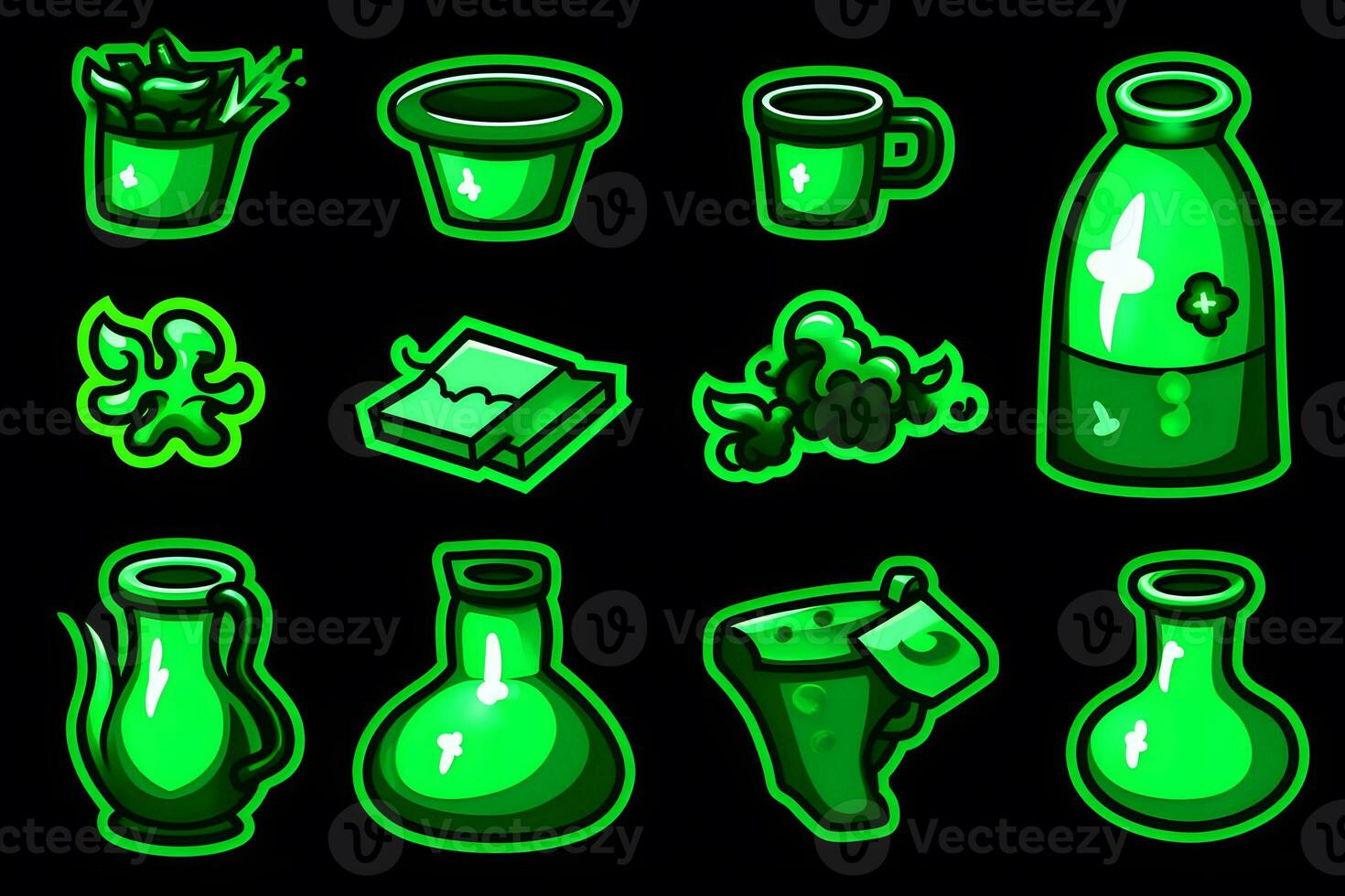 Set of witch bottles with poisonous potion. Neural network AI generated photo