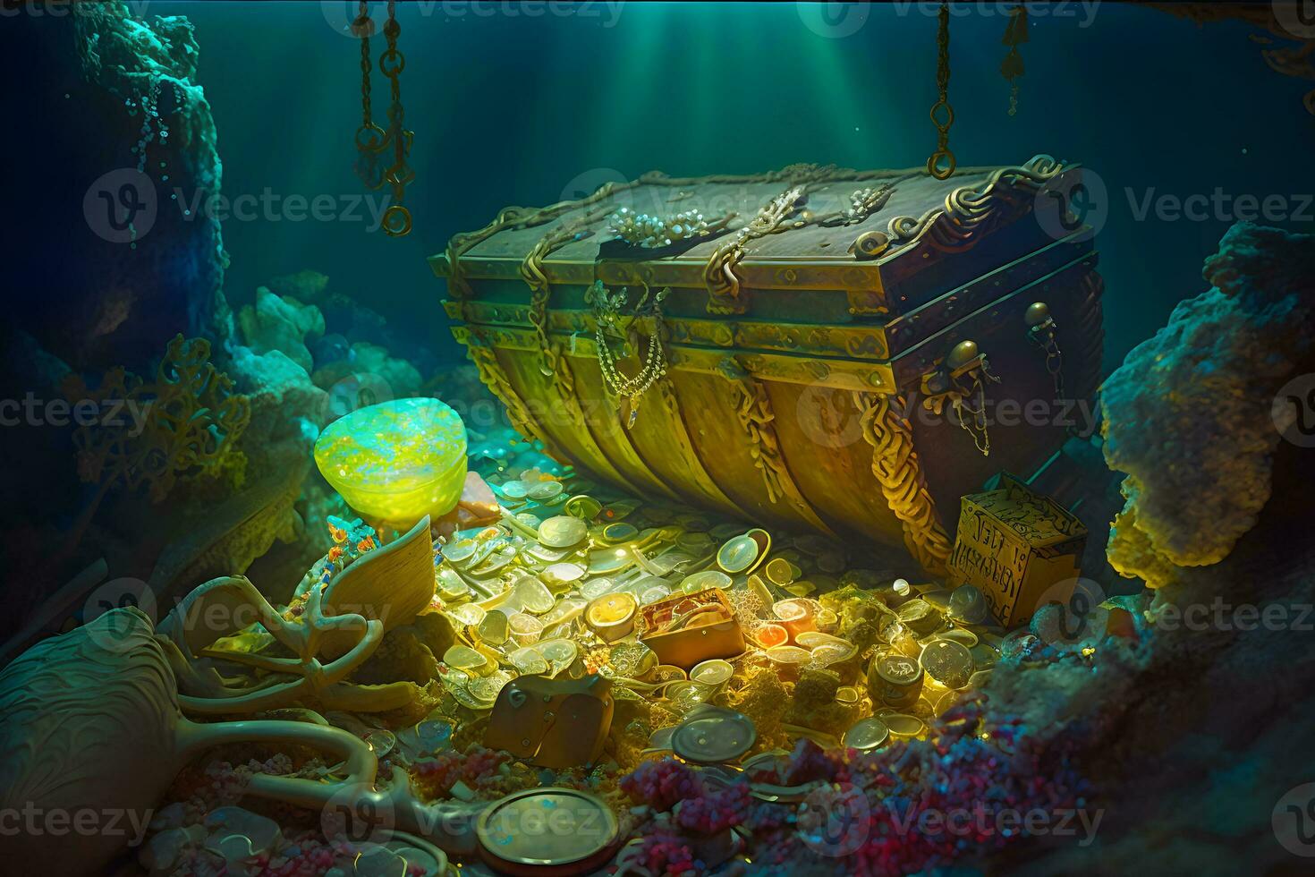 underwater treasure chest. Neural network AI generated photo