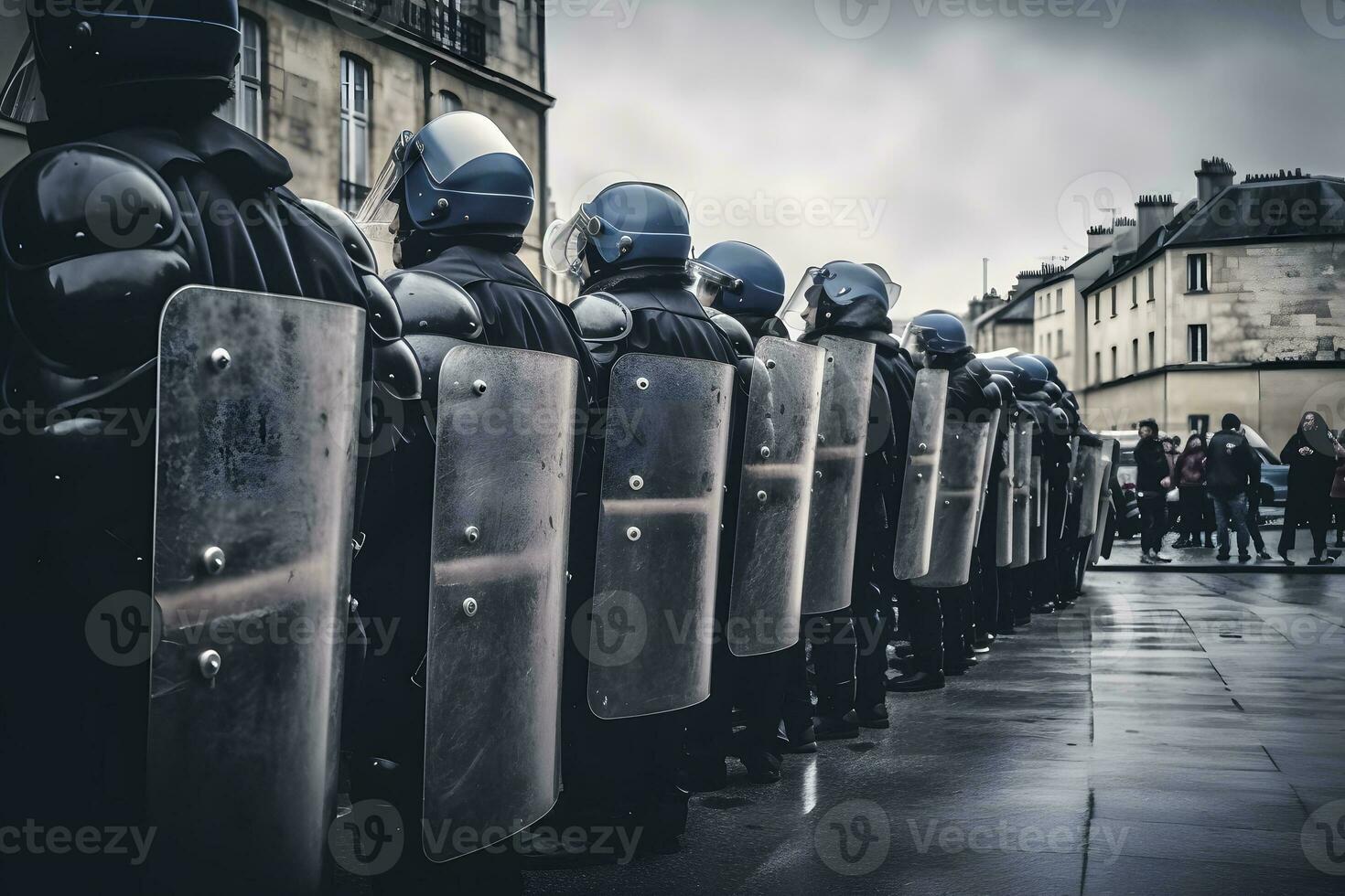 Low angle of anonymous police soldiers in protective uniforms and helmets standing against squad van and defending by riot shields. Neural network AI generated photo