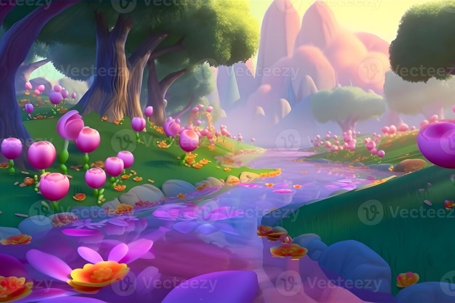 Forest river landscape in cartoon style. Neural network AI generated photo