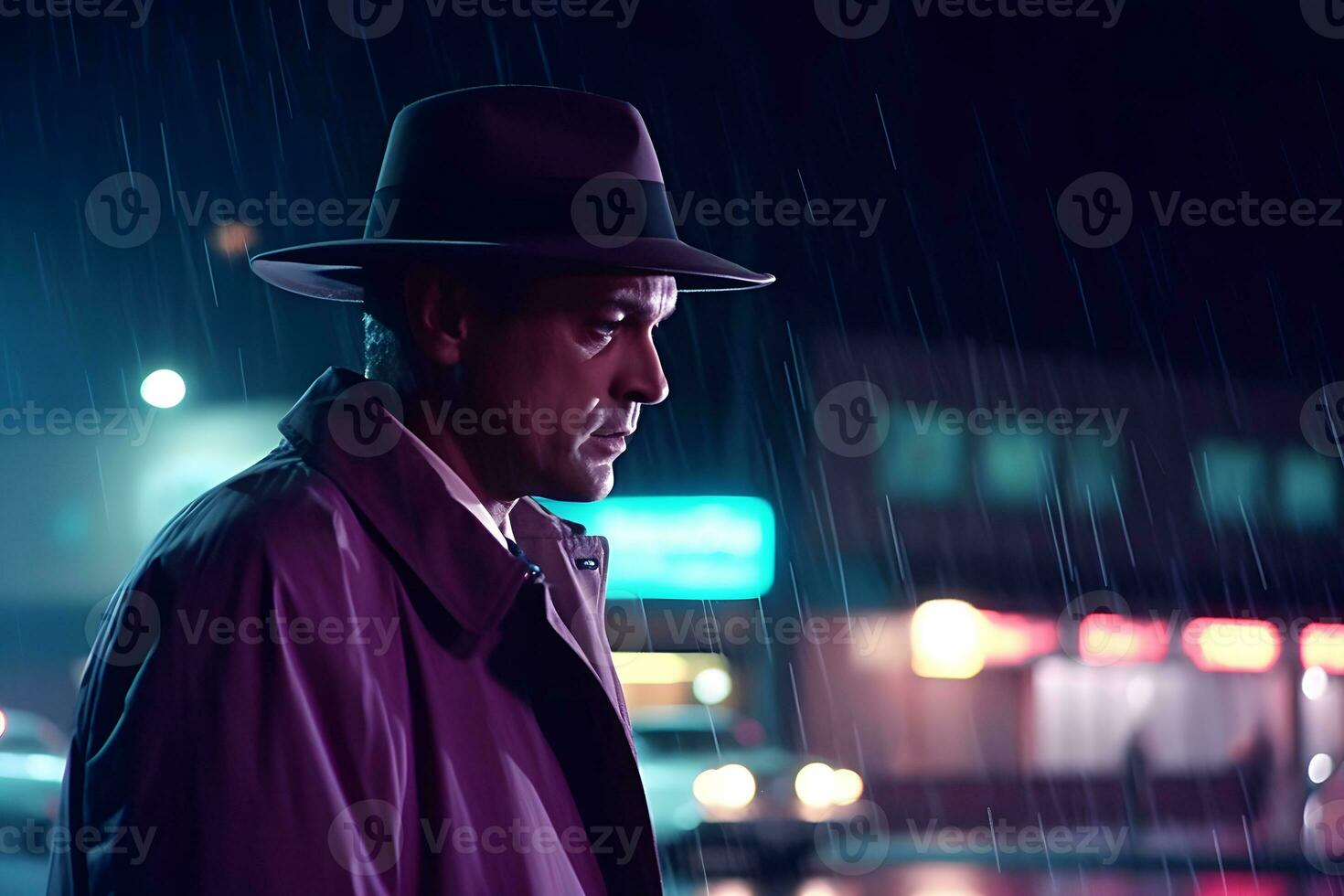Detective in the rain in the night city. Neural network AI generated photo