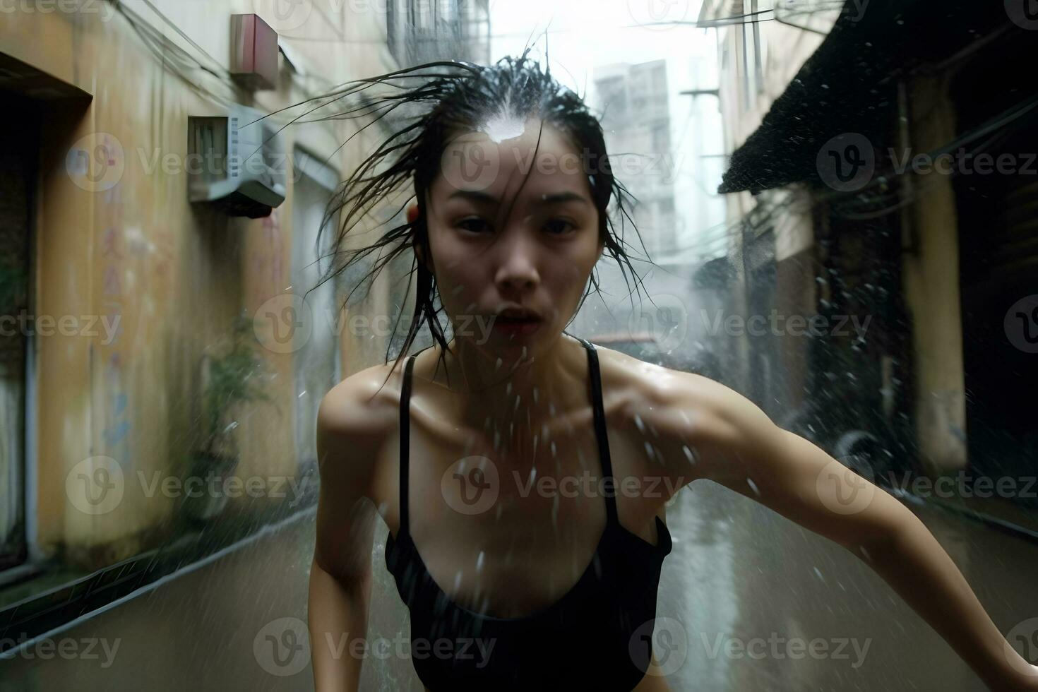 asiático mujer en agua. neural red ai generado foto