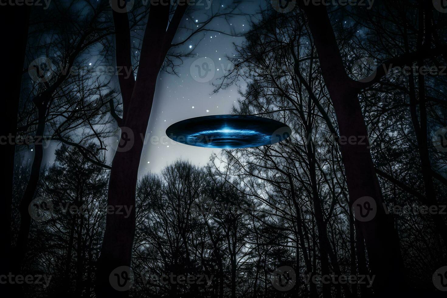 Low key image of UFO hovering over a forest at night with light beam. Neural network AI generated photo