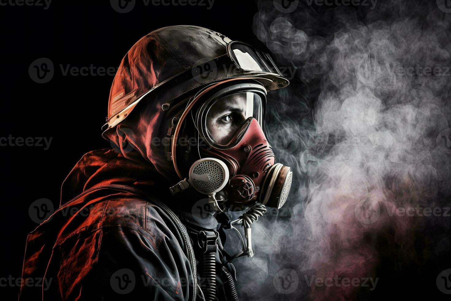 Close up portrait of face firefighter wearing protective uniform and an protective mask. Neural network AI generated photo