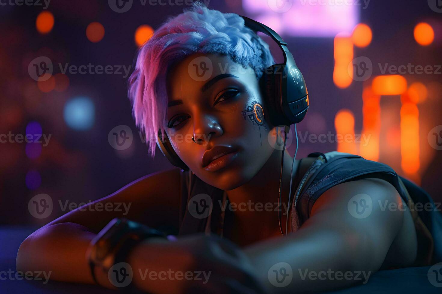 Young woman with mohawk in headphones, cyberpunk style. Neural network AI generated photo