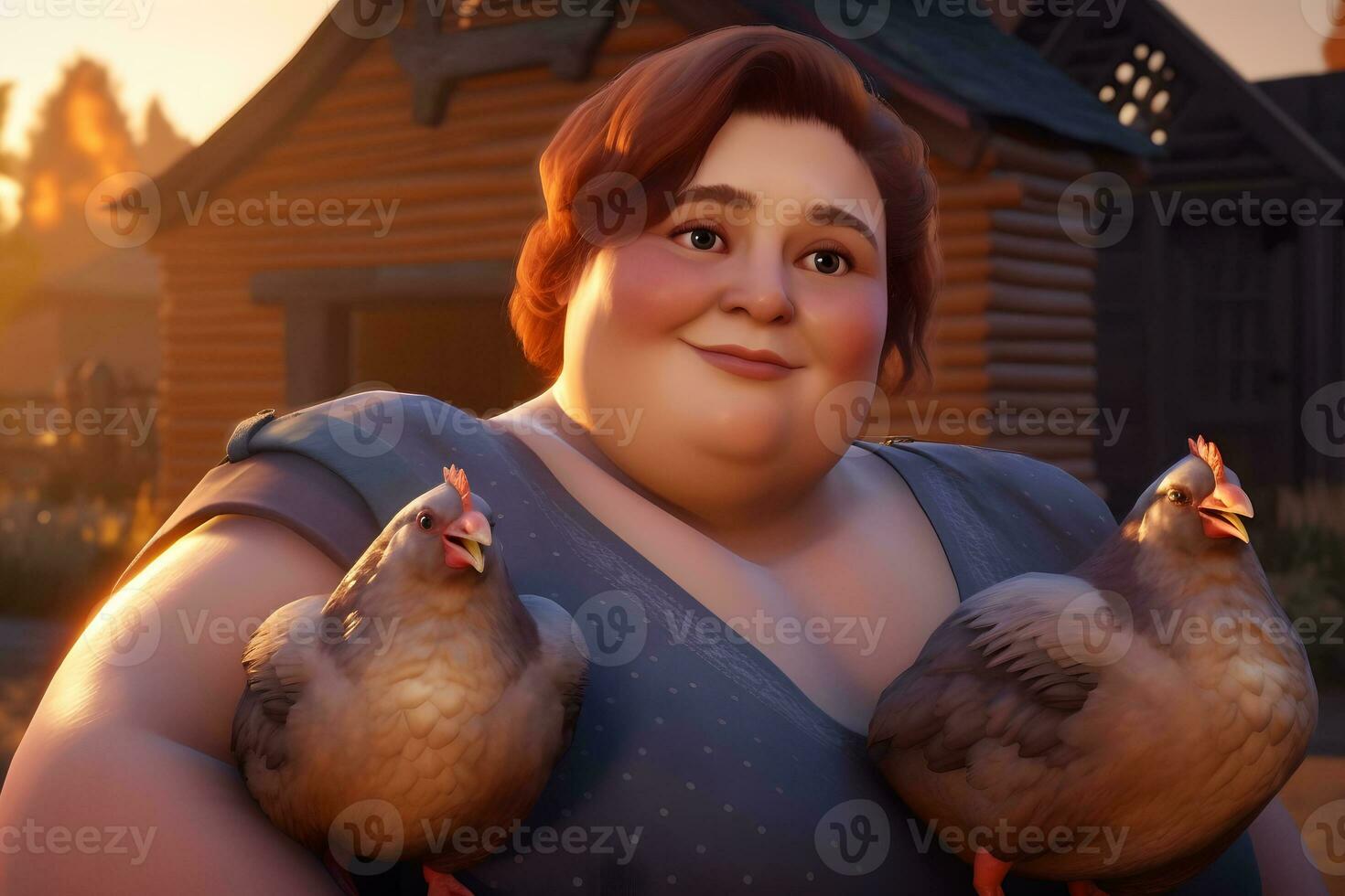 Woman and chickens in the village cartoon style. Neural network AI generated photo