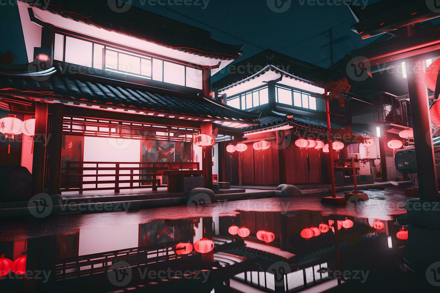 Night Japanese city in neon illumination. Neural network AI generated photo