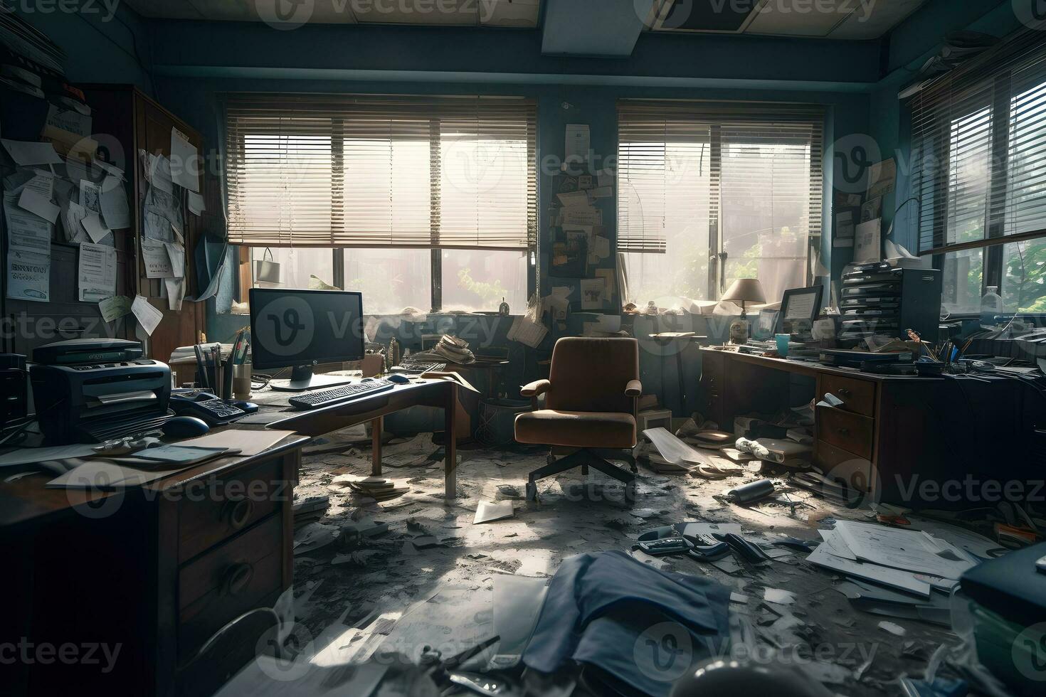 Messy abandoned office after company shut down the desk is cluttered and dusty, financial crisis concept. Neural network AI generated photo