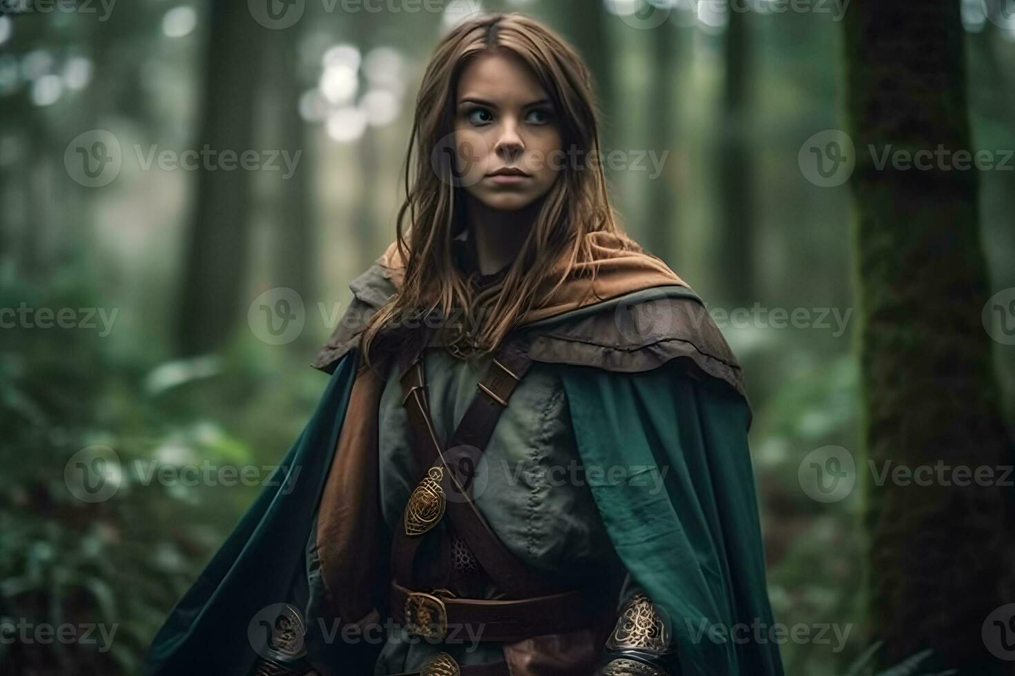 Medieval warrior girl in the forest. Neural network AI generated photo