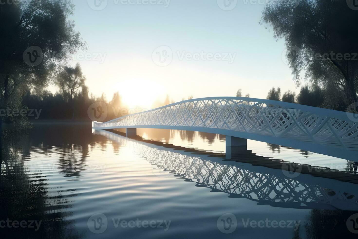View on beautiful park in springtime with roamantic white bridge. Neural network AI generated photo