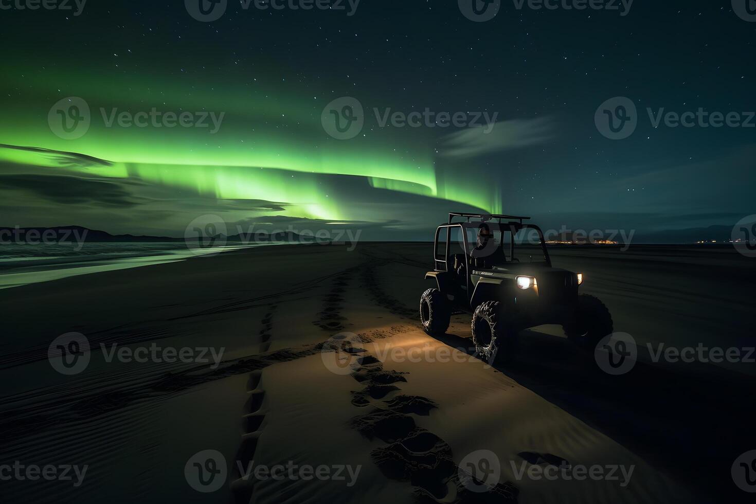buggy car and northern lights beach. Neural network AI generated photo