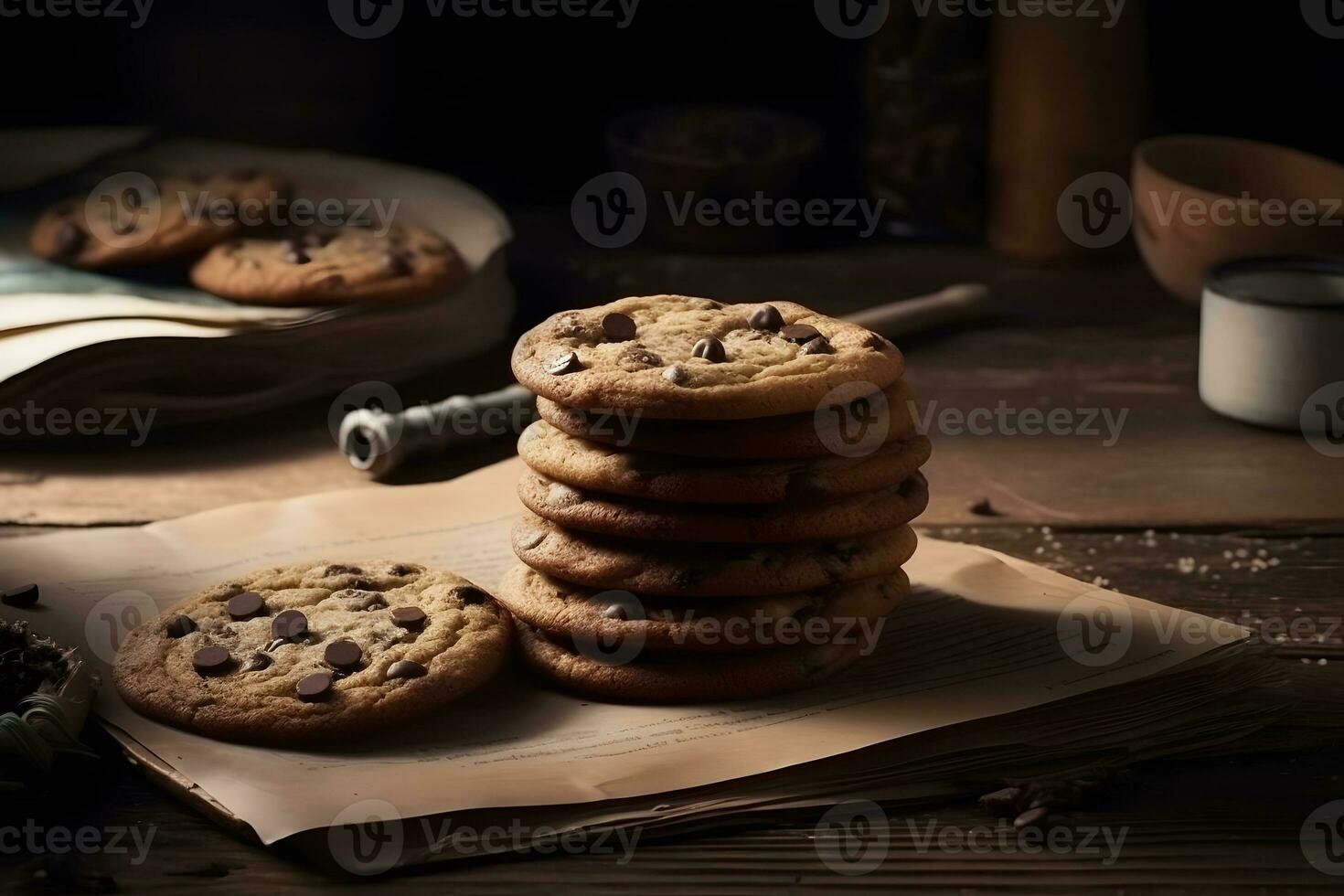 Chocolate cookies on wooden table closeup. Neural network AI generated photo