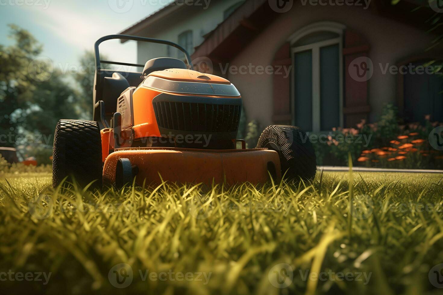 Lawn mower cut grass. Garden work. Electric Rotary lawn mower machine. Neural network AI generated photo