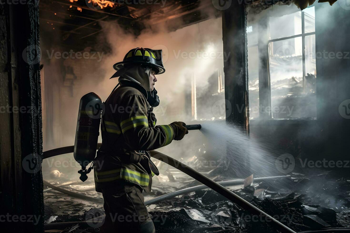 firefighters spraying water in fire fighting operation, Fire and rescue training school regularly. Neural network AI generated photo