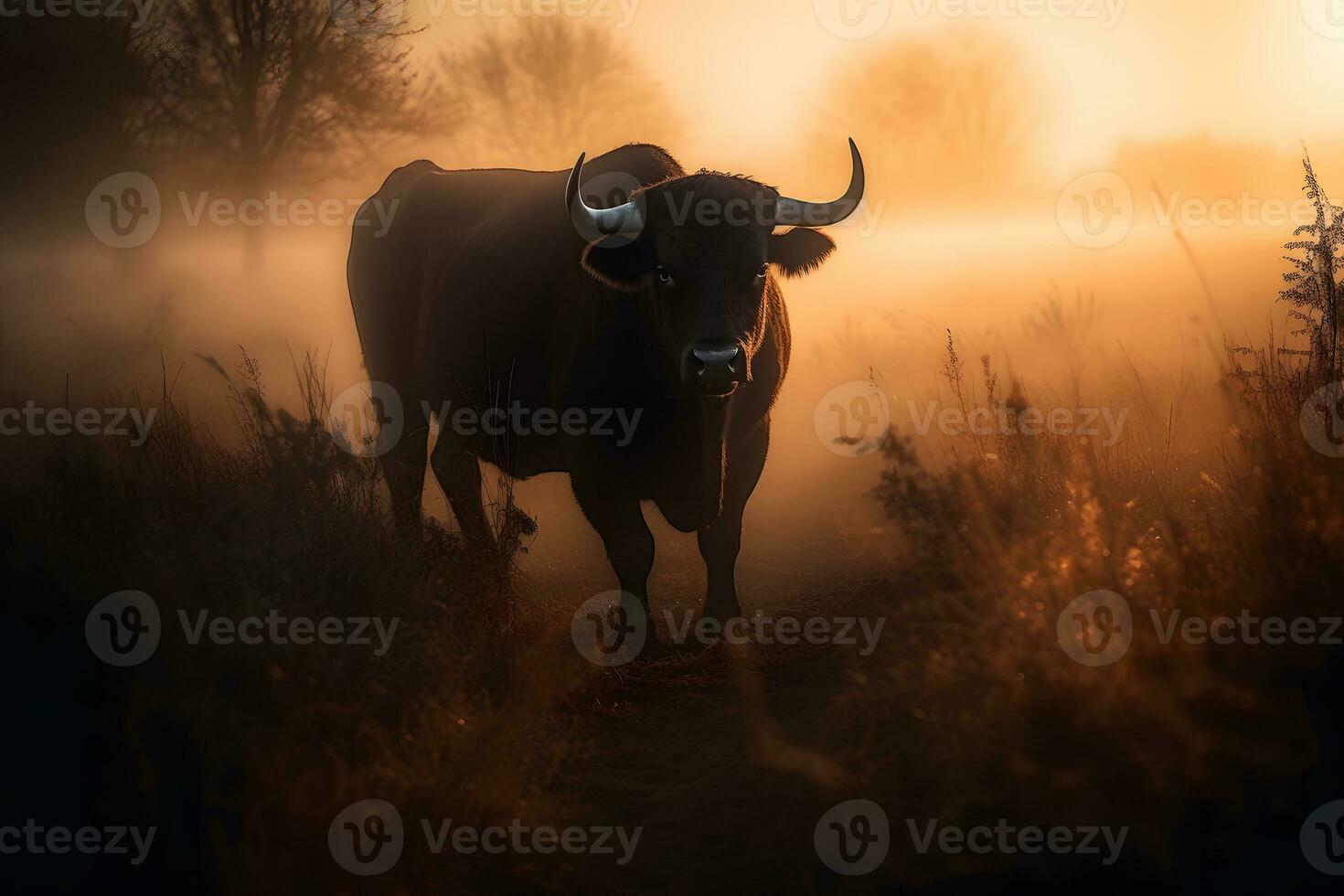 Bull in the wild, Landscape with sunset or sunrise. Neural network AI generated photo