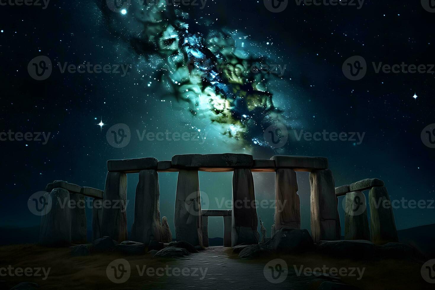 stone henge mock building against the backdrop of night and space. Neural network AI generated photo