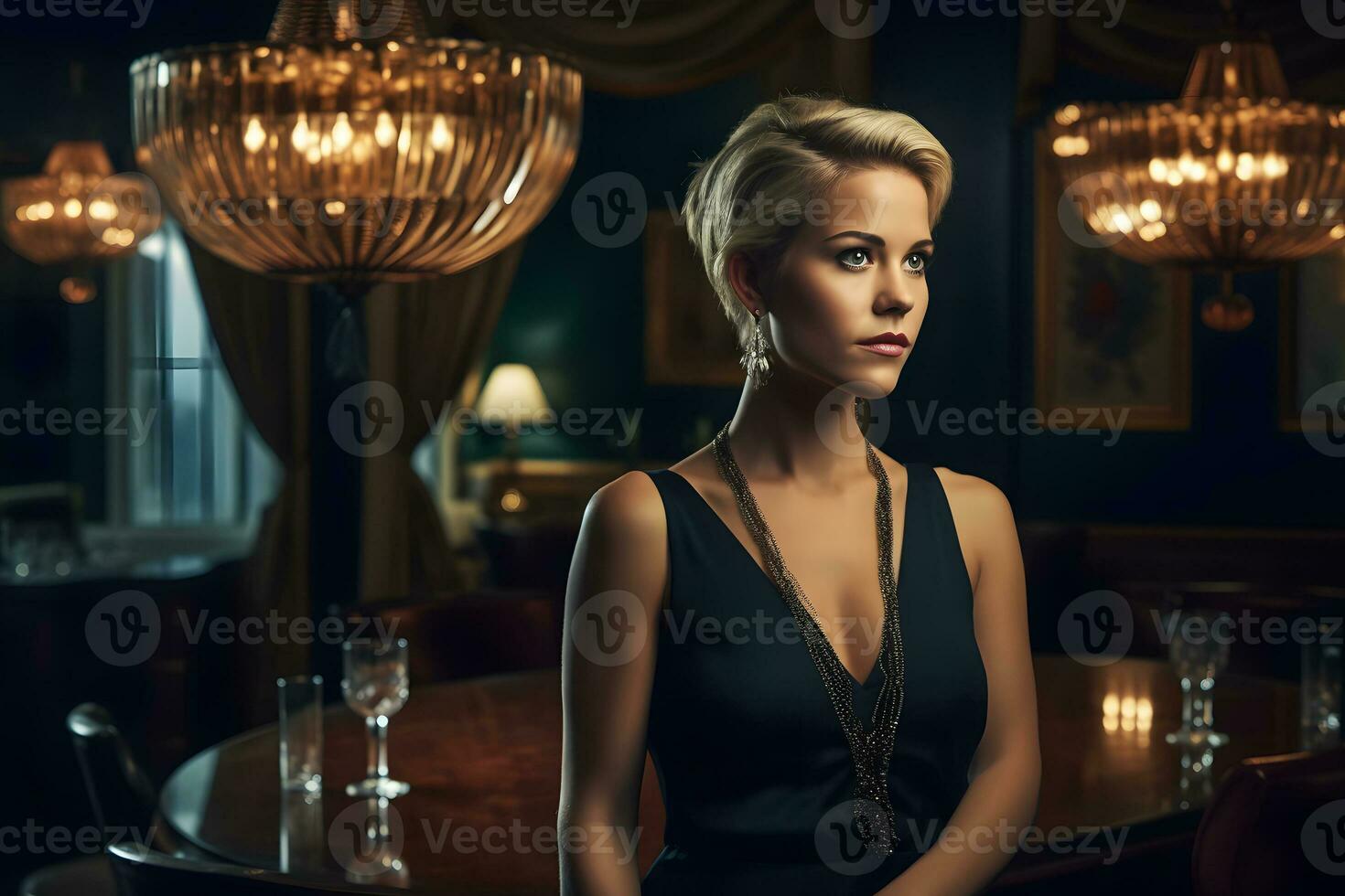 Beautiful young blonde in a luxury restaurant. Neural network AI generated photo