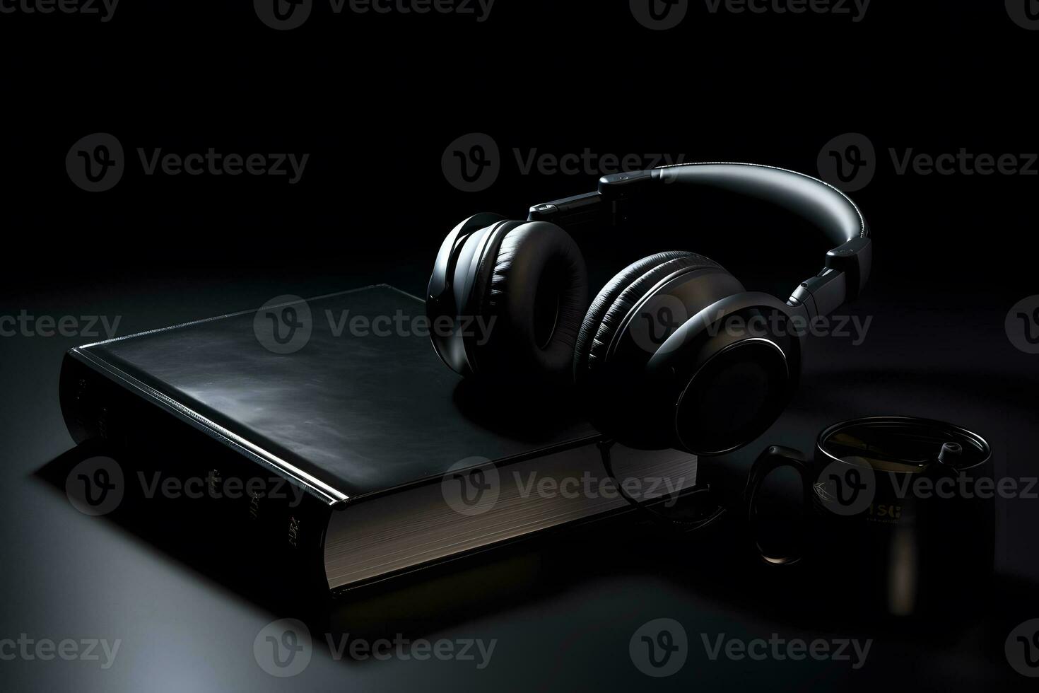 Audio book concept. Black headphones and a book. Neural network AI generated photo