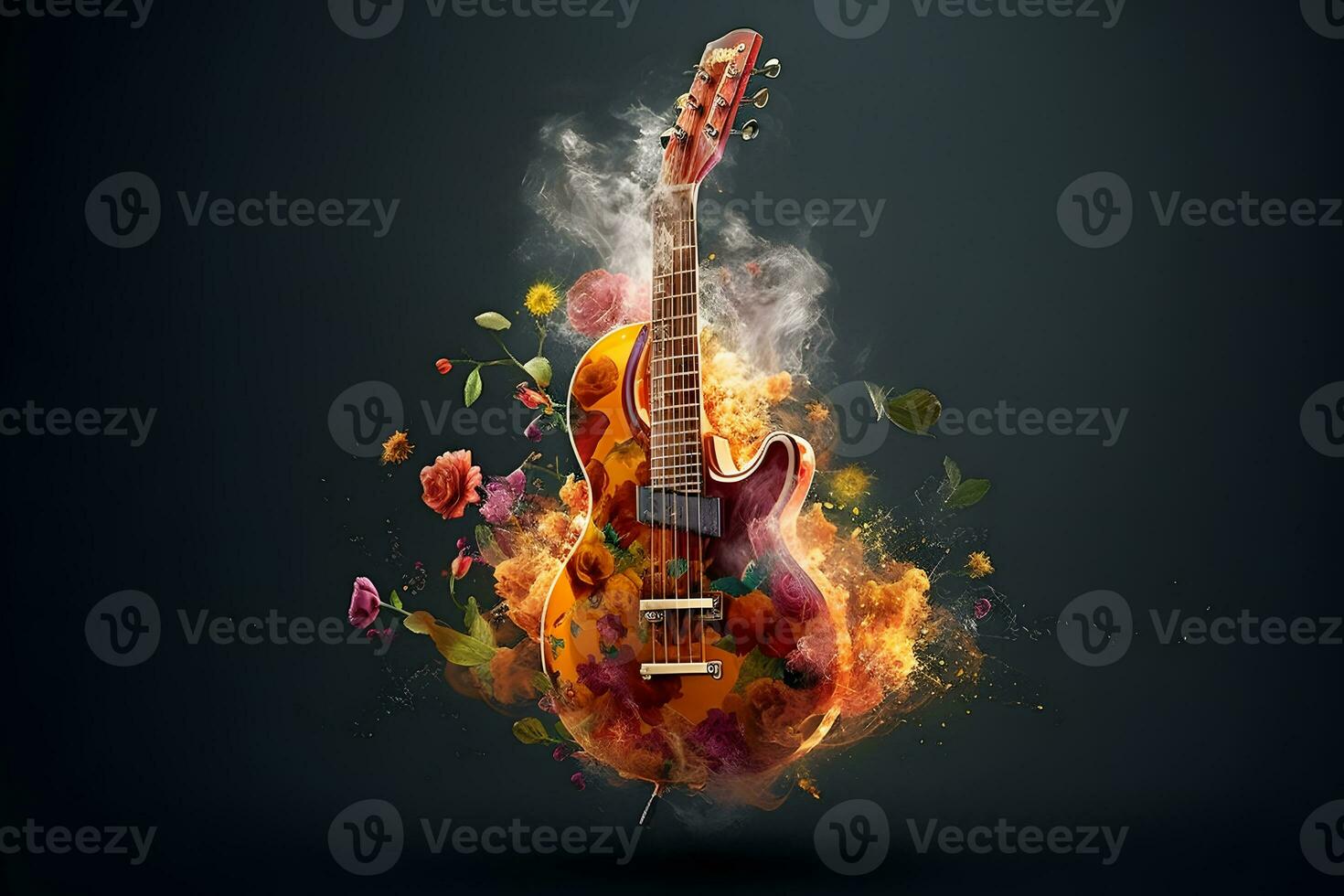 Abstract composition with a guitar and flowers on a dark background. Neural network AI generated photo