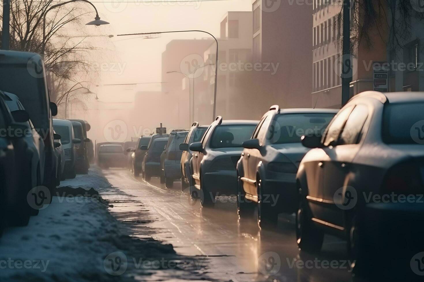 aire contaminación desde el cansada de carros en el ciudad durante el frío día, ambiental contaminación en el ciudad. neural red ai generado foto