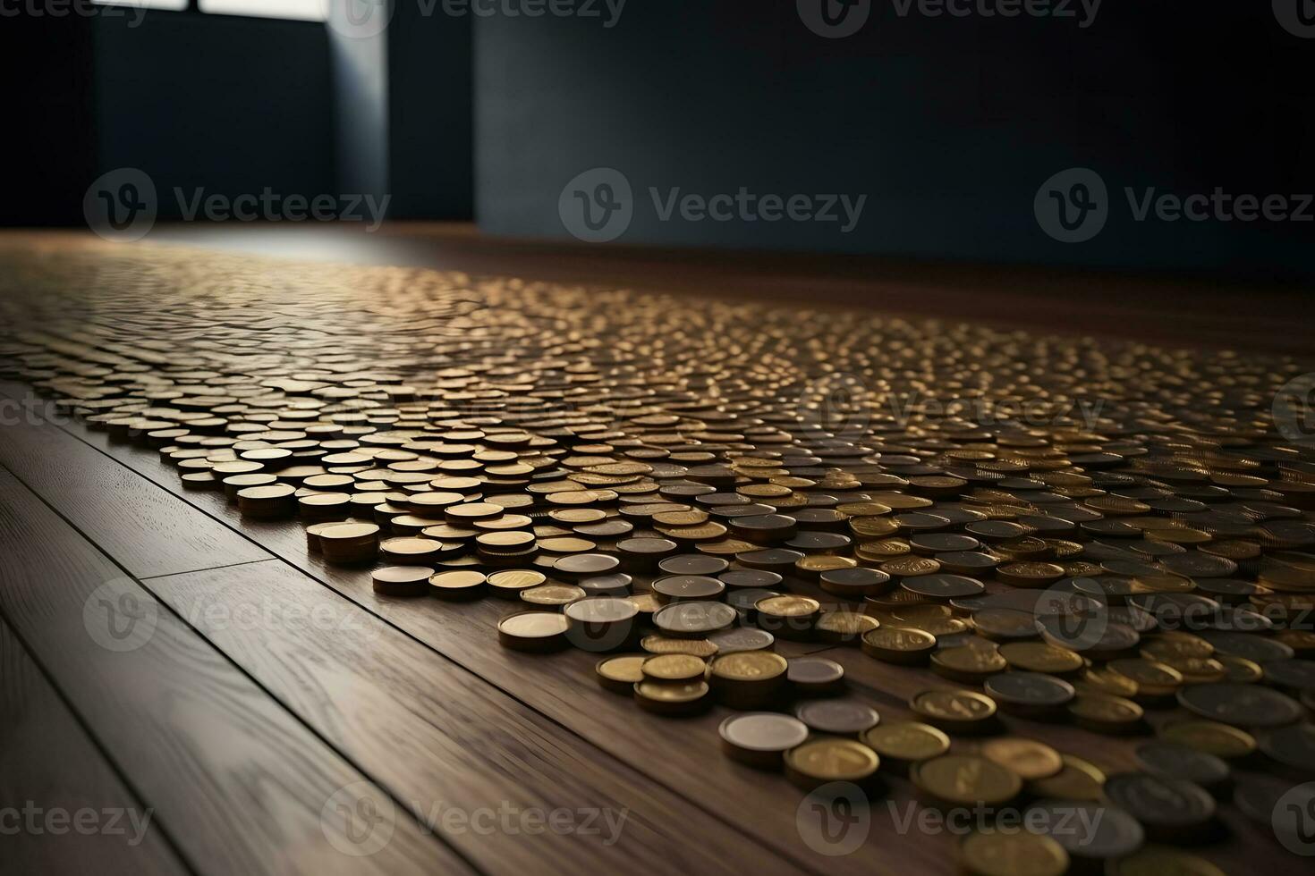 Many gold coins on a wooden background. Neural network AI generated photo