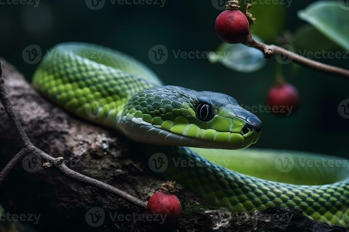 verde tropical serpiente. neural red ai generado foto
