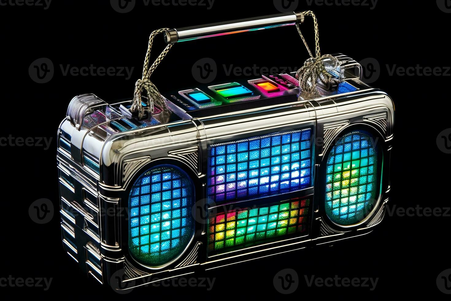 Retro outdated portable stereo boombox radio receiver with cassette recorder from circa late 70s. Neural network AI generated photo