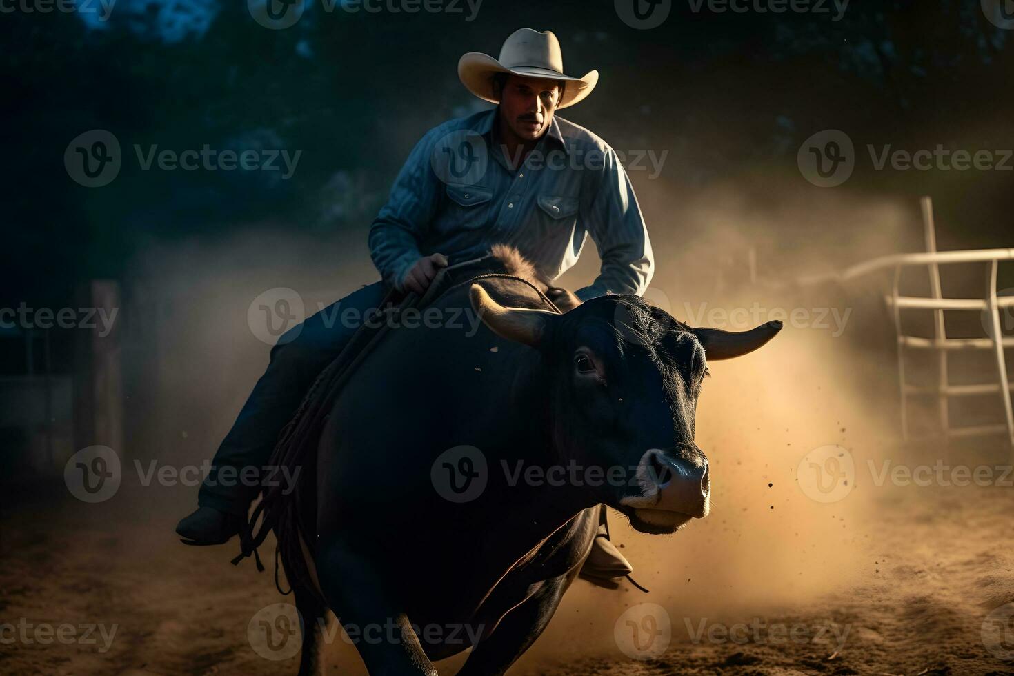 Cowboy on horse lassoing bull, Neural network AI generated photo