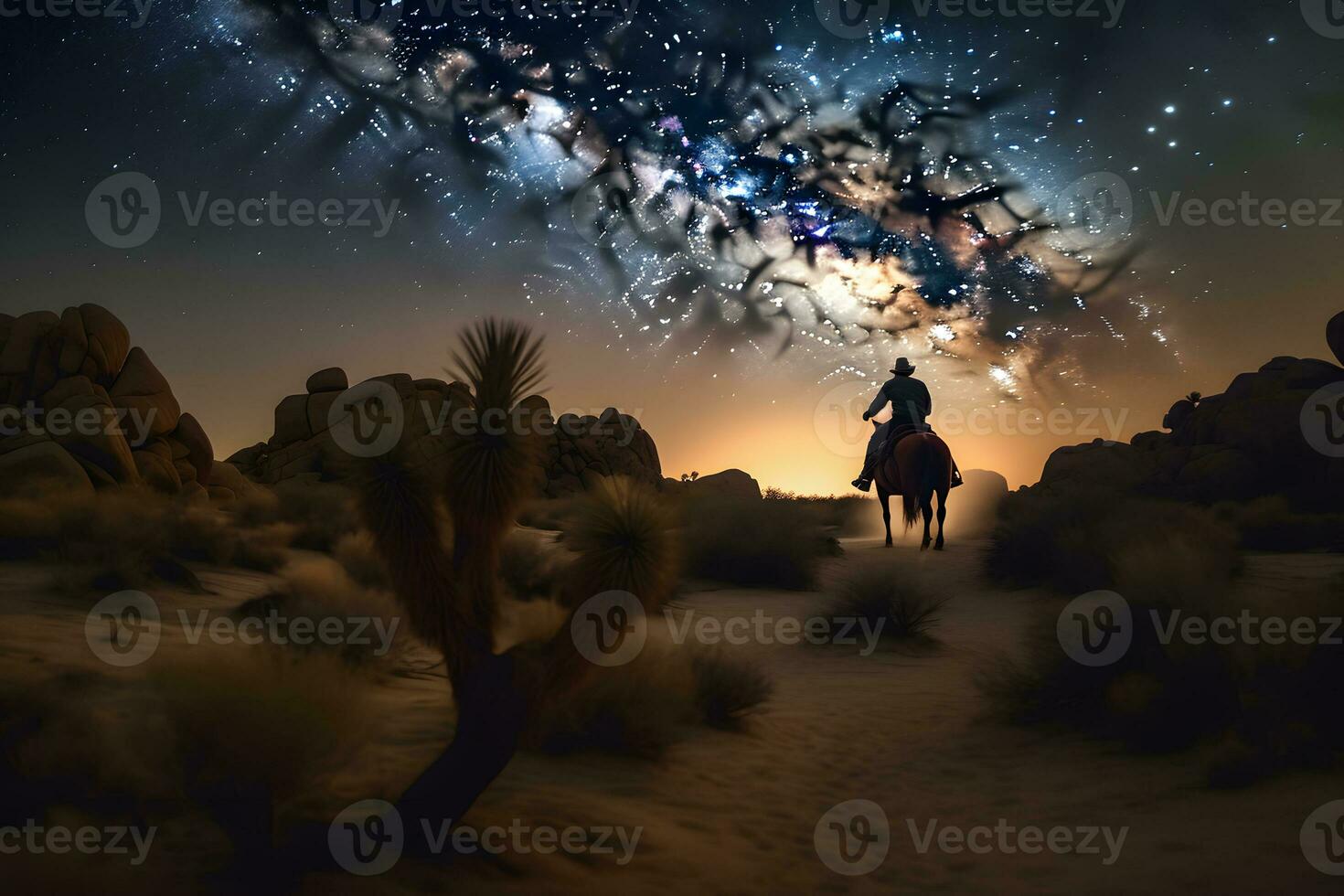 Landscape with Milky Way. Cowboy with his horse. Neural network AI generated photo